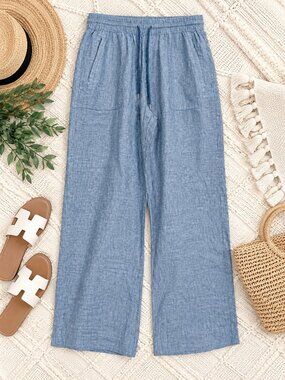 Athleta Size 12 Blue Linen Blend Wide Leg Drawstring Pants Casual Coastal NWT